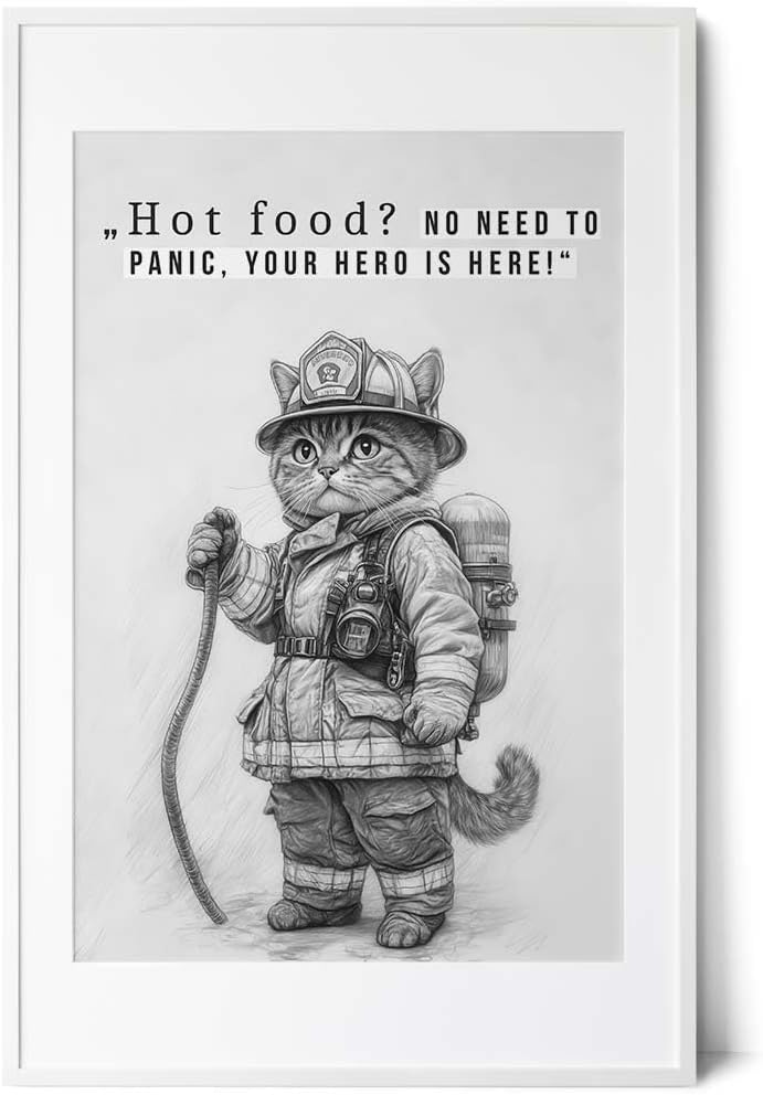 Paul Sinus Poster/Leinwandbild/Rahmenoption Lustiges Katzenbild – Feuerwehr-Katze als coole Klo-Deko – Perfekt fürs Gäste-WC