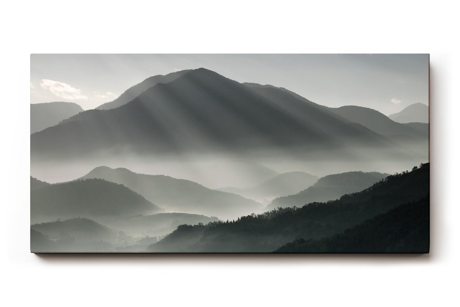 Sinus Art Wandbild 120x80cm Faszinierende Lichtstrahlen durchdringen den Morgennebel über mystischen Berglandschaften