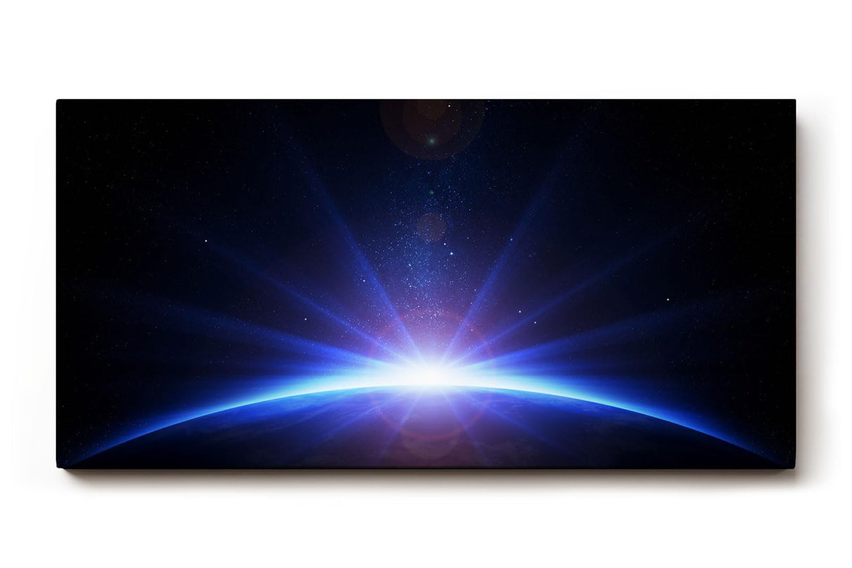 Sinus Art Wandbild 120x80cm Atemberaubendes Weltraumbild mit Lichtstrahlen über dem Planetenrand