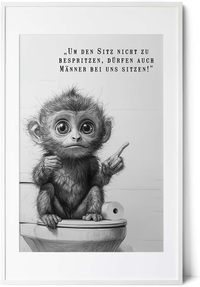 Paul Sinus Poster/Leinwandbild/Rahmenoption – Belehrender Affe auf Toilette „Männer dürfen sitzen!“ – Lustige WC-Deko für dein Badezimmer