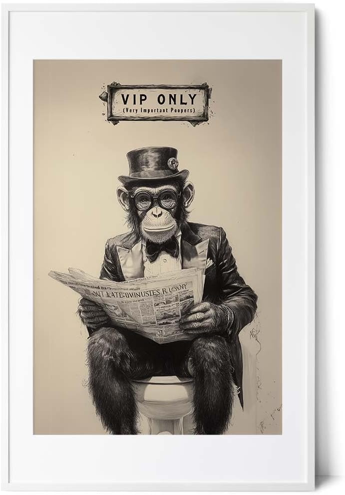 Paul Sinus Poster/Leinwandbild/Rahmenoption – Eleganter Affe „VIP ONLY – Very Important Poopers“ – Lustige WC-Deko für dein Badezimmer