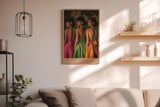 Paul Sinus Wandbild in 40x60cm Old Money Fashion – Elegante Damen in farbenfrohen Kleidern vor floralem Hintergrund, stilvolles Retro-Design für luxuriöse Wohnakzente