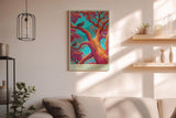 Paul Sinus Wandbild in 40x60cm Bunte Vögel in farbintensivem Baum – surrealistisches Kunstwerk mit kräftigen Kontrasten und leuchtenden Details