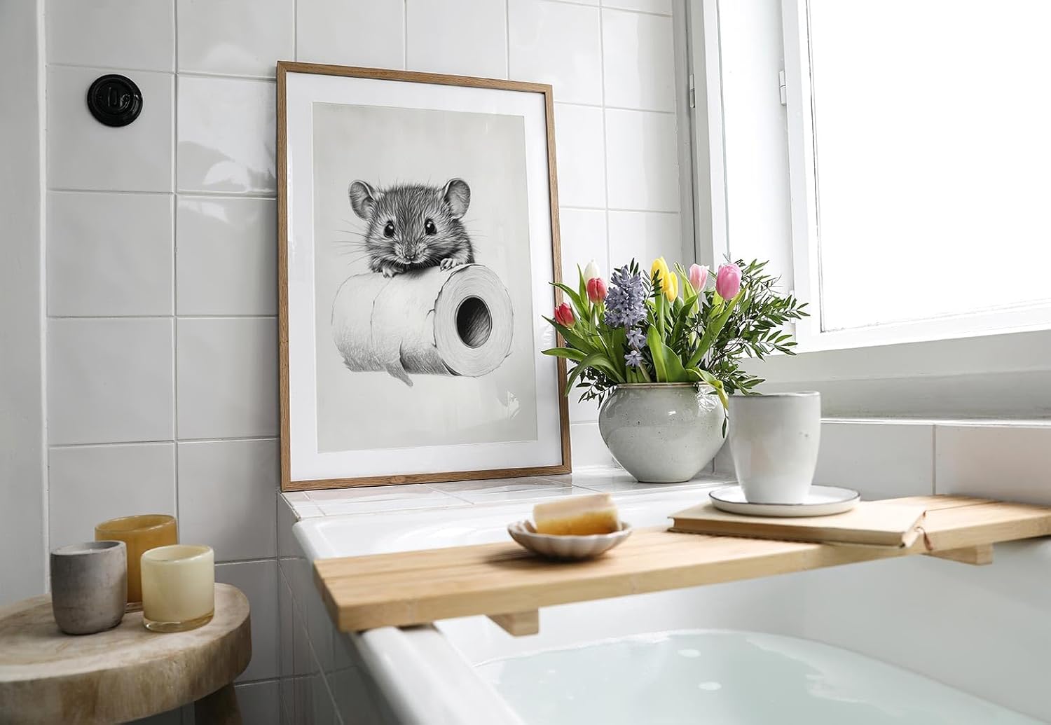 Paul Sinus Poster/Leinwandbild/Rahmenoption Lustiges Mausbild – Humorvolle Klo-Deko mit süßer Maus auf Klopapierrolle