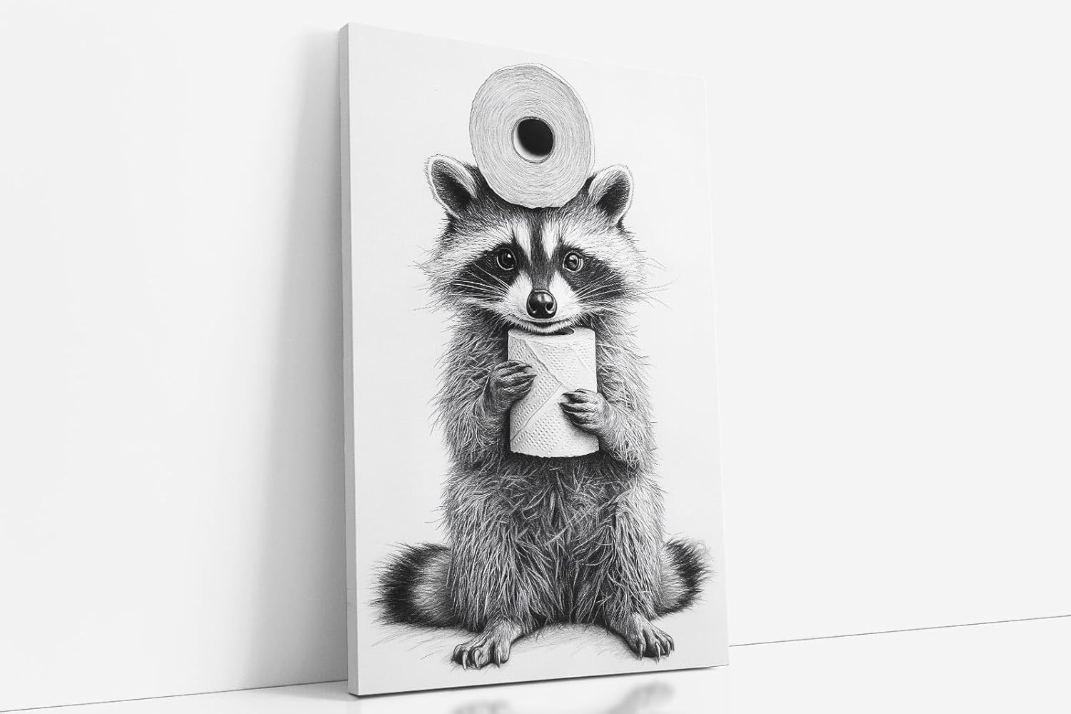 Paul Sinus Poster/Leinwandbild/Rahmenoption – Waschbär mit Klopapier – Lustige WC-Deko für dein Badezimmer