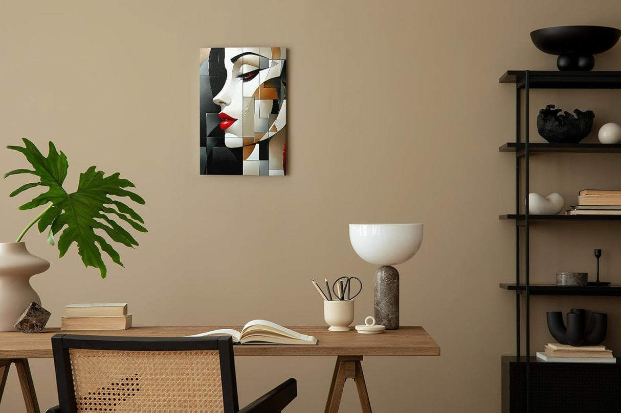 Paul Sinus 60x90cm Wandbild Crimson Beauty – Modernes Frauenporträt in geometrischer Eleganz auf Leinwand Holzrahmen