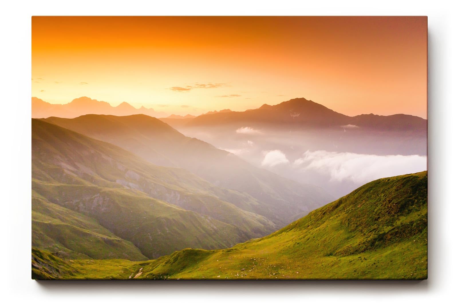 Sinus Art Wandbild 120x80cm Sanfte Hügellandschaft mit Lichtstimmung und Weitblick auf Bergketten