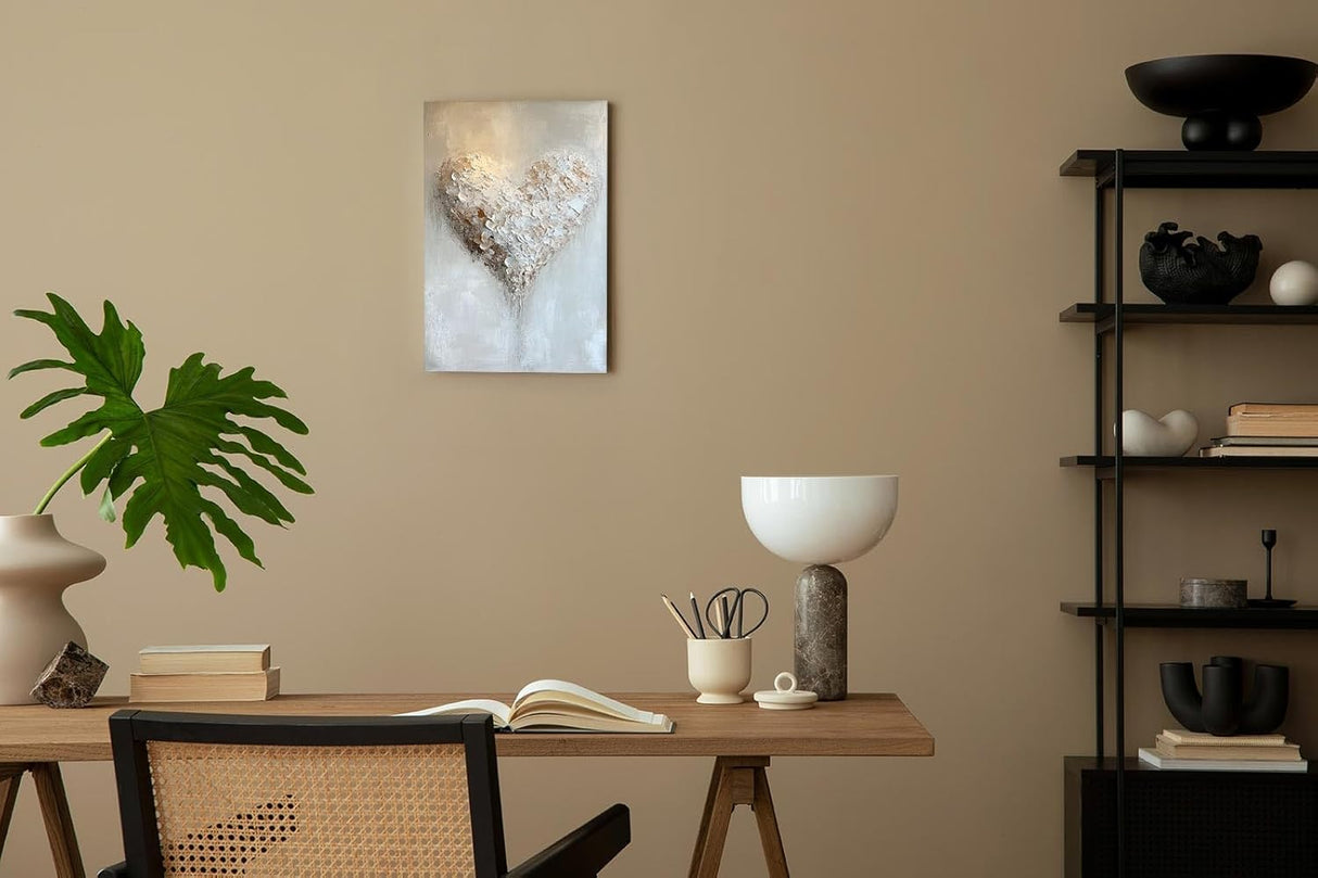 Paul Sinus 60x90cm Wandbild Herzstruktur in Weiß Beige – Ausdrucksstarke Textur mit floraler Tiefe Blume