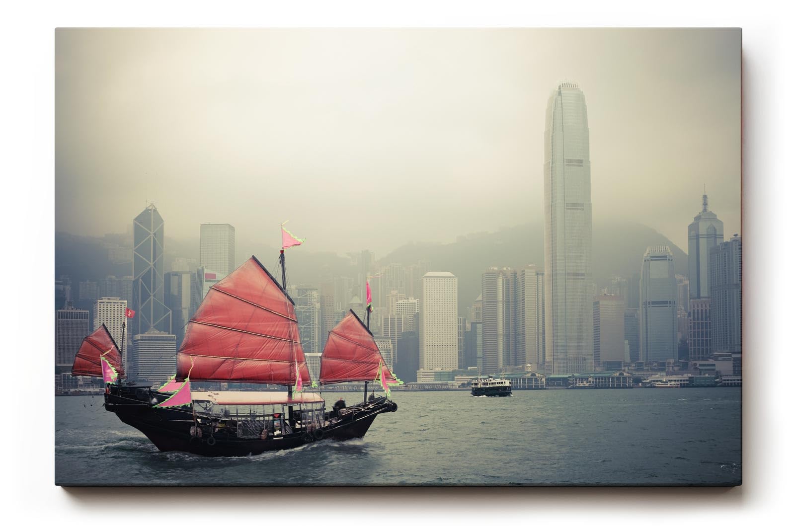 Sinus Art Wandbild 120x80cm Die rote Dschunke bildet einen spannenden Kontrast zur modernen Skyline im Hintergrund