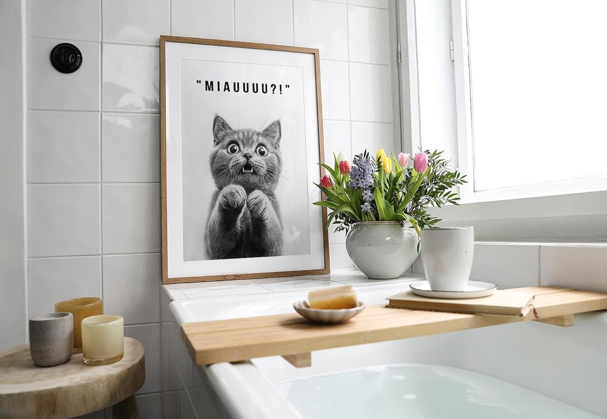 Paul Sinus Poster/Leinwandbild/Rahmenoption – Überraschtes Kätzchen „MIAUUU?!“ – Lustige WC-Deko für dein Badezimmer