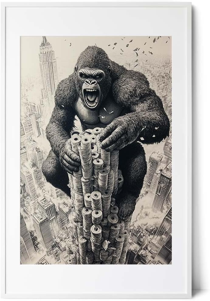 Paul Sinus Poster/Leinwandbild/Rahmenoption – King Kong auf dem Klopapier-Turm – Lustige WC-Deko für dein Badezimmer