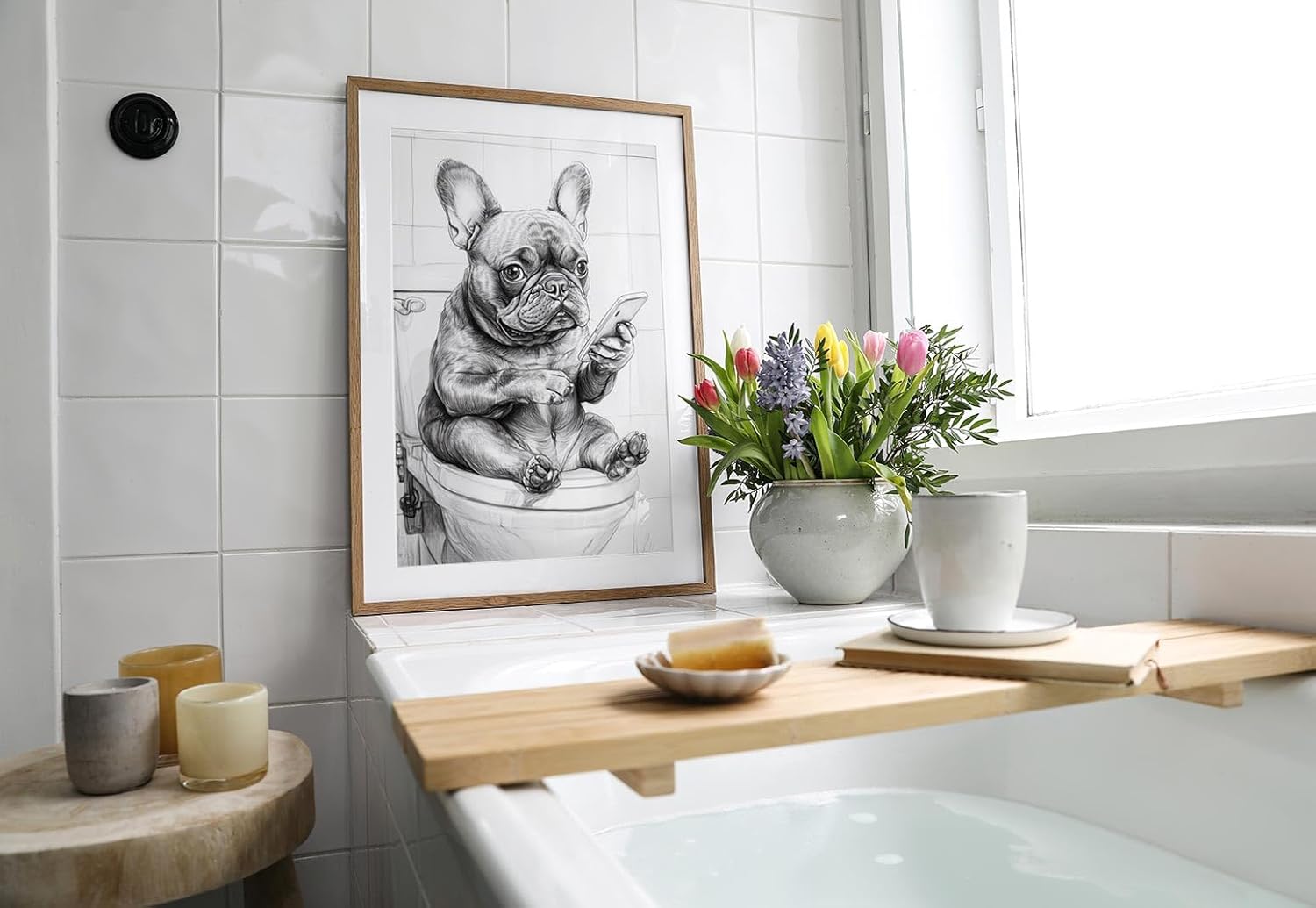 Paul Sinus Poster/Leinwandbild/Rahmenoption Lustiges Hundebild – Witzige Klo-Deko fürs Gäste-WC – Perfekt für Smartphone-Junkies