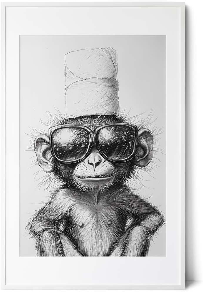 Paul Sinus Poster/Leinwandbild/Rahmenoption – Cooler Affe mit Klopapierhut – Witzige WC-Deko für dein Badezimmer