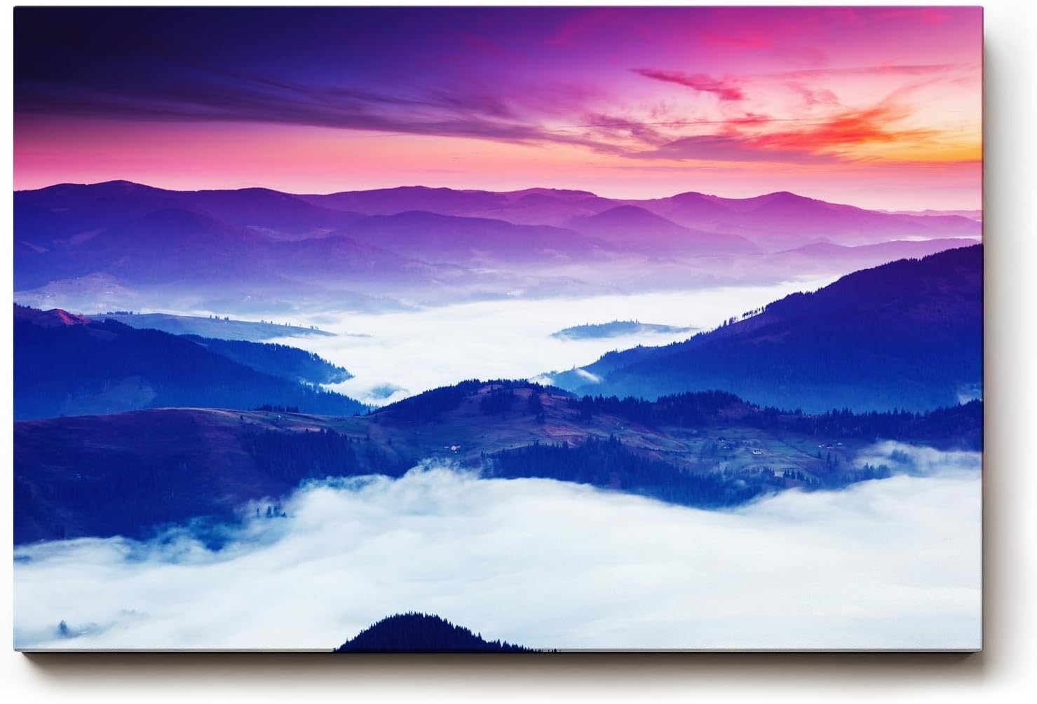 Sinus Art Wandbild 120x80cm Stimmungsvolle Bergsilhouette mit Nebelmeer im Tal und farbenprächtigem Himmel