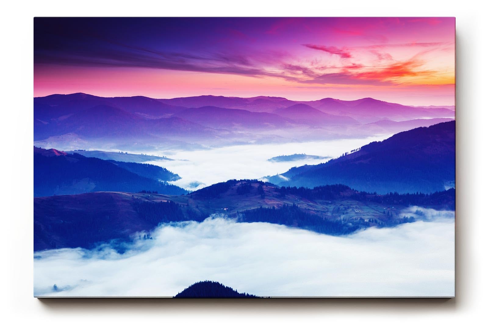 Sinus Art Wandbild 120x80cm Stimmungsvolle Bergsilhouette mit Nebelmeer im Tal und farbenprächtigem Himmel