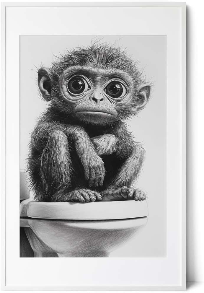 Paul Sinus Poster/Leinwandbild/Rahmenoption – Nachdenklicher Affe auf Toilette – Lustige WC-Deko für dein Badezimmer