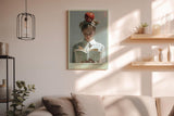 Paul Sinus Wandbild in 40x60cm Balanced Knowledge – Kreatives Porträt einer jungen Frau mit Apfel auf dem Kopf, vertieft ins Lesen, moderne Bilder mit ausdrucksstarker Komposition
