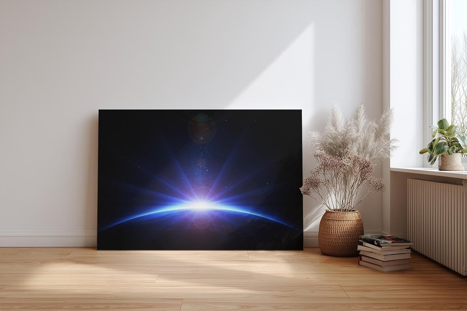 Sinus Art Wandbild 120x80cm Atemberaubendes Weltraumbild mit Lichtstrahlen über dem Planetenrand