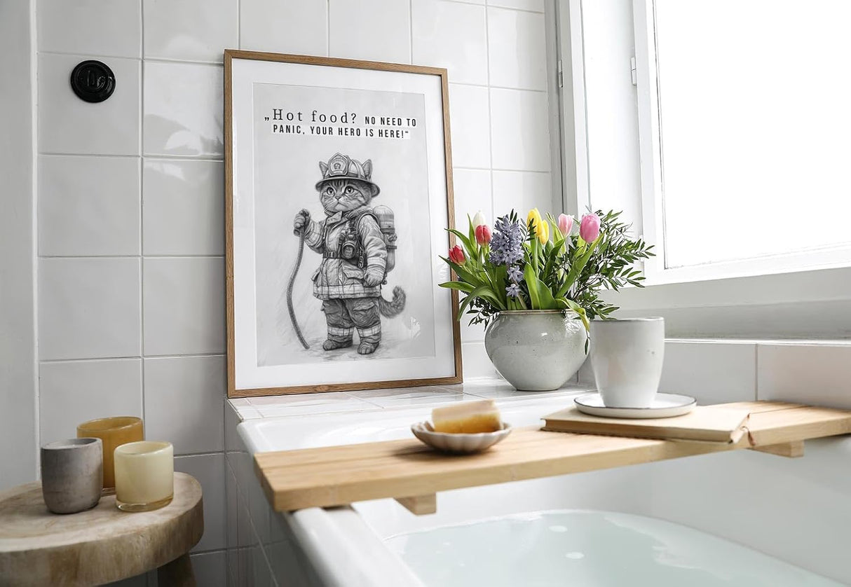 Paul Sinus Poster/Leinwandbild/Rahmenoption Lustiges Katzenbild – Feuerwehr-Katze als coole Klo-Deko – Perfekt fürs Gäste-WC