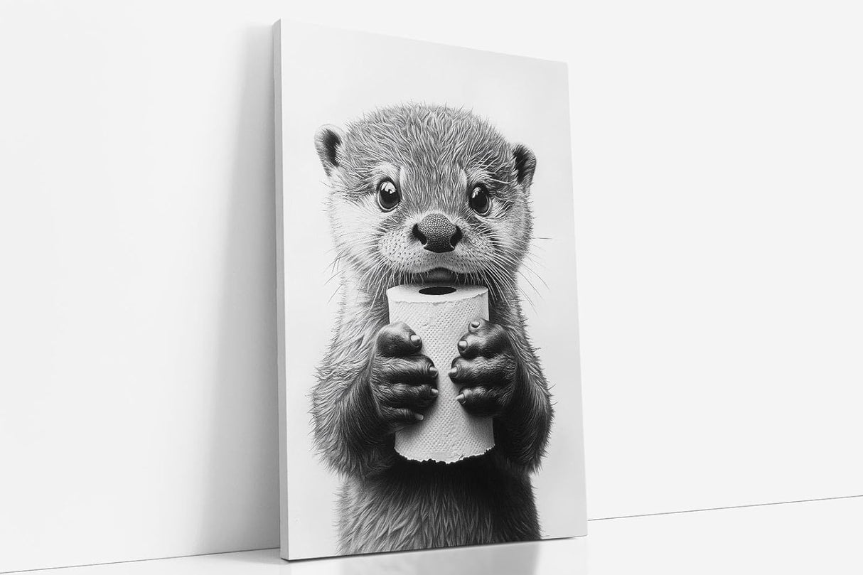 Paul Sinus Poster/Leinwandbild/Rahmenoption – Süßer Otter mit Klopapier – Witziges WC-Bild für Humor im Bad