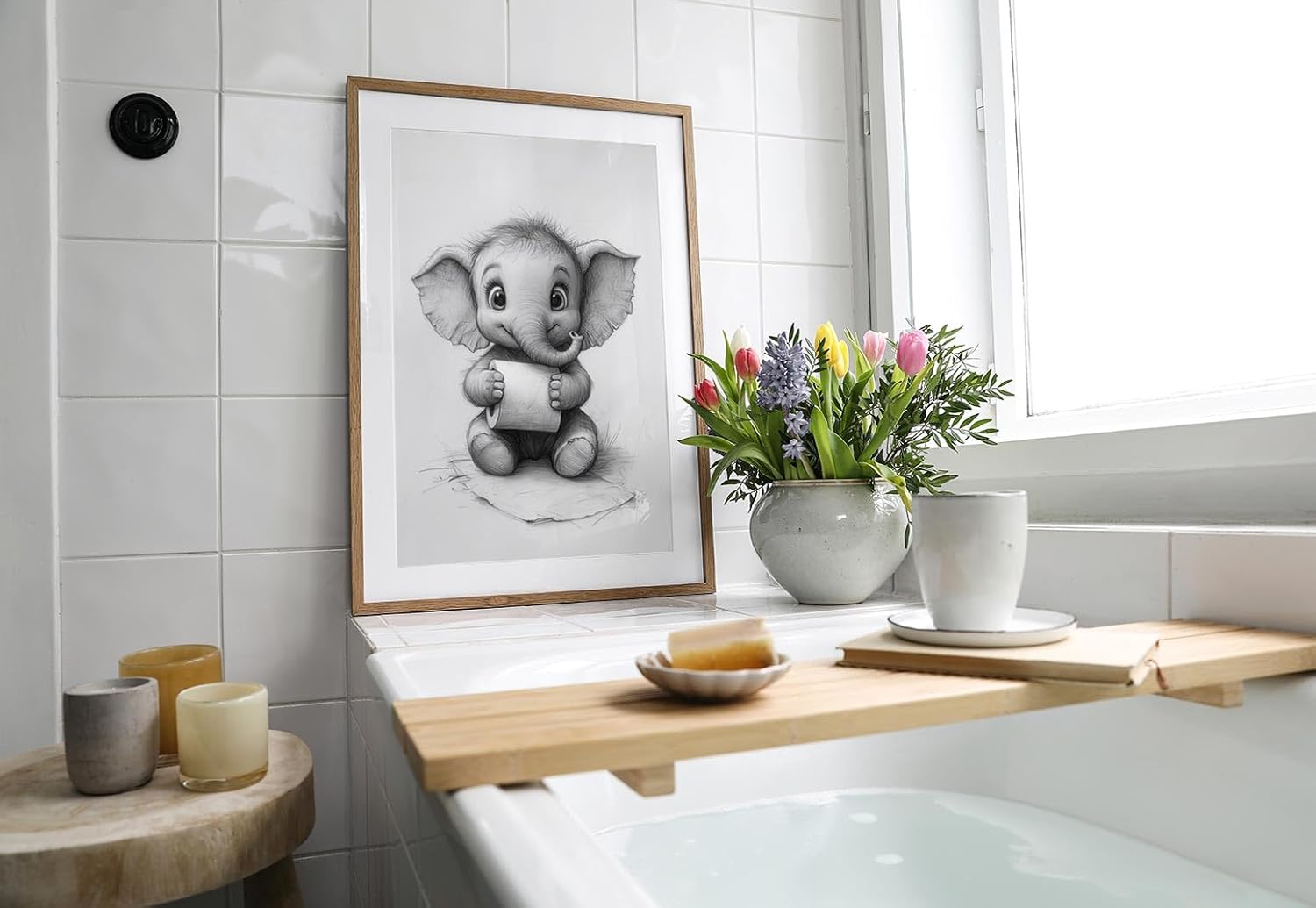 Paul Sinus Poster/Leinwandbild/Rahmenoption – Lustiger Elefant mit Klopapier – Witzige WC-Deko für dein Badezimmer
