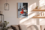 Paul Sinus Wandbild in 40x60cm The Red Dress in Paris Bilder einer Frau im roten Kleid an einem Straßencafé mit Blick auf den Eiffelturm