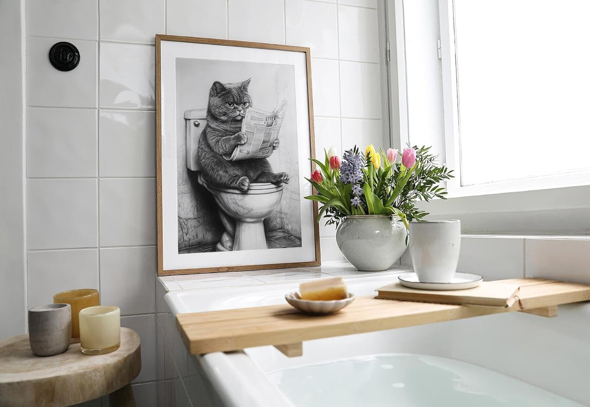 Paul Sinus Poster/Leinwandbild/Rahmenoption Lustiges Katzenbild – Witzige Klo-Deko für dein Gäste-WC – Perfekt für Humor-Fans