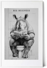 Paul Sinus Poster/Leinwandbild/Rahmenoption – Nashorn auf Toilette „Big Business“ – Lustige WC-Deko für dein Badezimmer