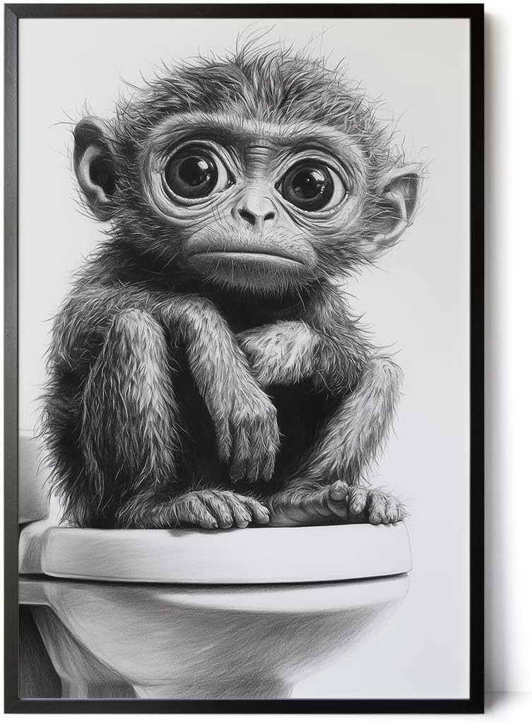 Paul Sinus Poster/Leinwandbild/Rahmenoption – Nachdenklicher Affe auf Toilette – Lustige WC-Deko für dein Badezimmer