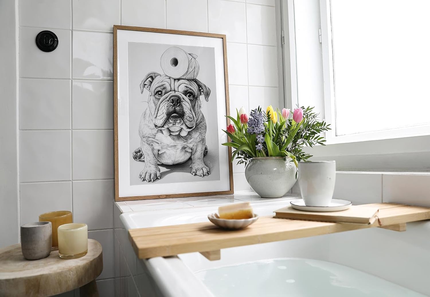 Paul Sinus Poster/Leinwandbild/Rahmenoption – Bulldogge mit Klopapier – Witzige WC-Deko für dein Badezimmer