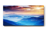Sinus Art Wandbild 120x80cm Faszinierende Berglandschaft in verschiedenen Blauabstufungen mit goldener Sonne