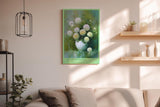 Paul Sinus Wandbild in 40x60cm Quiet Blossoms zartes Stillleben mit weißen Chrysanthemen in weißer Vase vor grünem Hintergrund