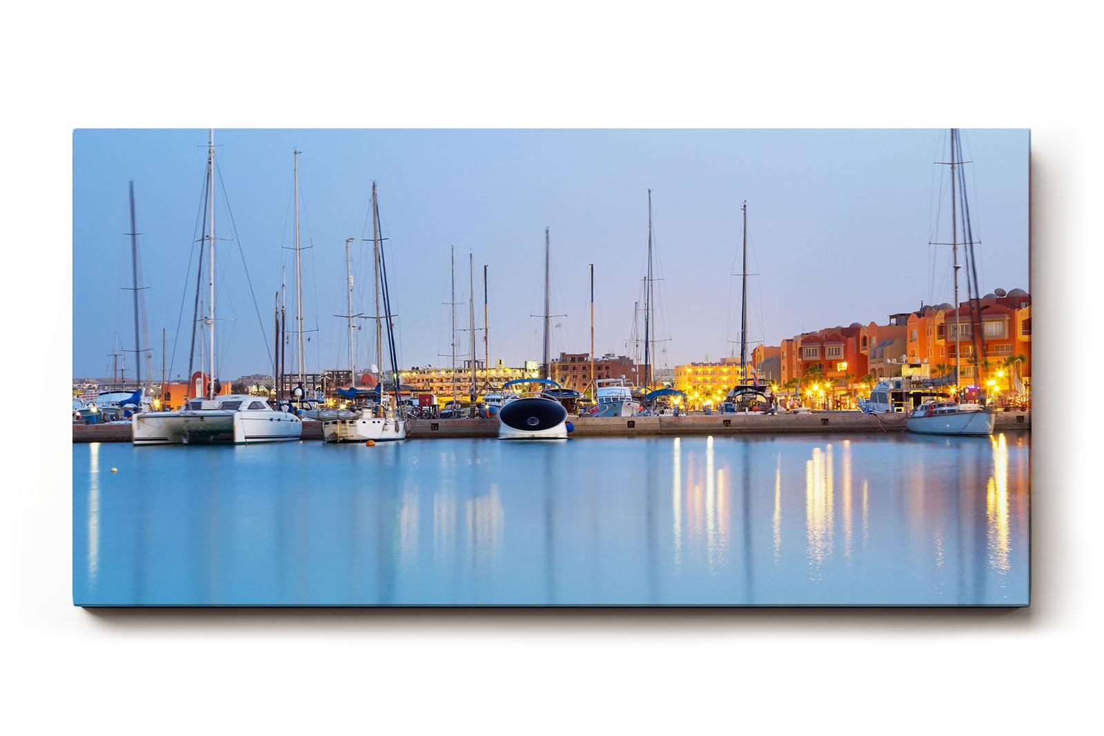 Sinus Art Wandbild 120x80cm Mediterraner Jachthafen bei Abendstimmung – reflektierend, maritim und entspannend