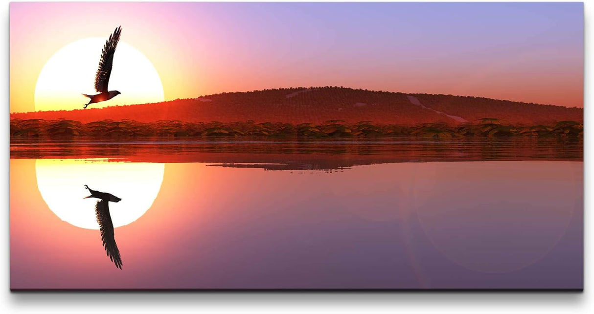 Adler in einer Seen Landschaft ca. 130x70cm Wandbild inklusive Schattenfugenrahmen schwarz - Panorama Leinwand Bild XXL Format Wandbilder Wohnzimmer Wohnung Deko Kunstdrucke