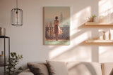 Paul Sinus Wandbild in 40x60cm A Morning in New York – Frau auf Balkon mit Blick auf Empire State Building, stimmungsvolles Stadtmotiv im Morgenlicht