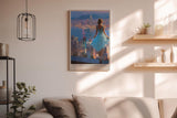 Paul Sinus Wandbild in 40x60cm A Nightfall in Hong Kong – Blick auf die funkelnde Skyline bei Nacht, elegante Frau im blauen Kleid, romantisches Stadtmotiv