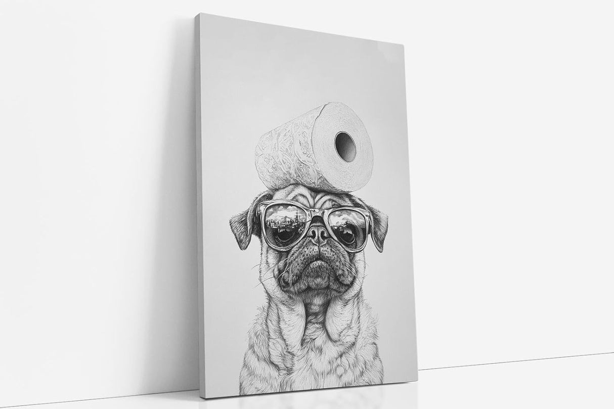 Paul Sinus Poster/Leinwandbild/Rahmenoption – Cooler Mops mit Klopapier – Lustige WC-Deko für dein Badezimmer