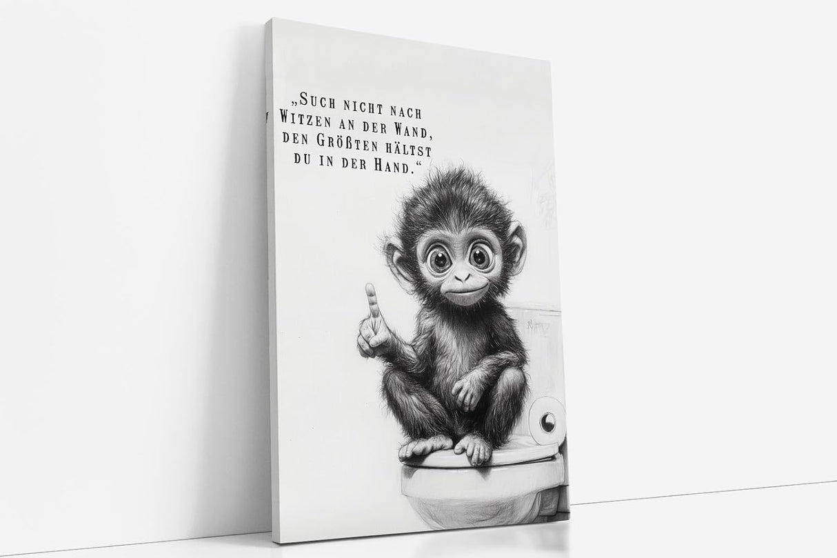 Paul Sinus Poster/Leinwandbild/Rahmenoption – Frecher Affe auf Toilette „Such nicht nach Witzen…“ – Lustige WC-Deko für dein Badezimmer