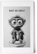 Paul Sinus Poster/Leinwandbild/Rahmenoption – Verrückter Affe auf Toilette „Hast du Koks?“ – Lustige WC-Deko für dein Badezimmer