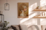 Paul Sinus Wandbild in 40x60cm Divine Femininity elegantes Porträt einer Frau in weiß-goldener Kopfbedeckung vor goldener Strahlenkrone