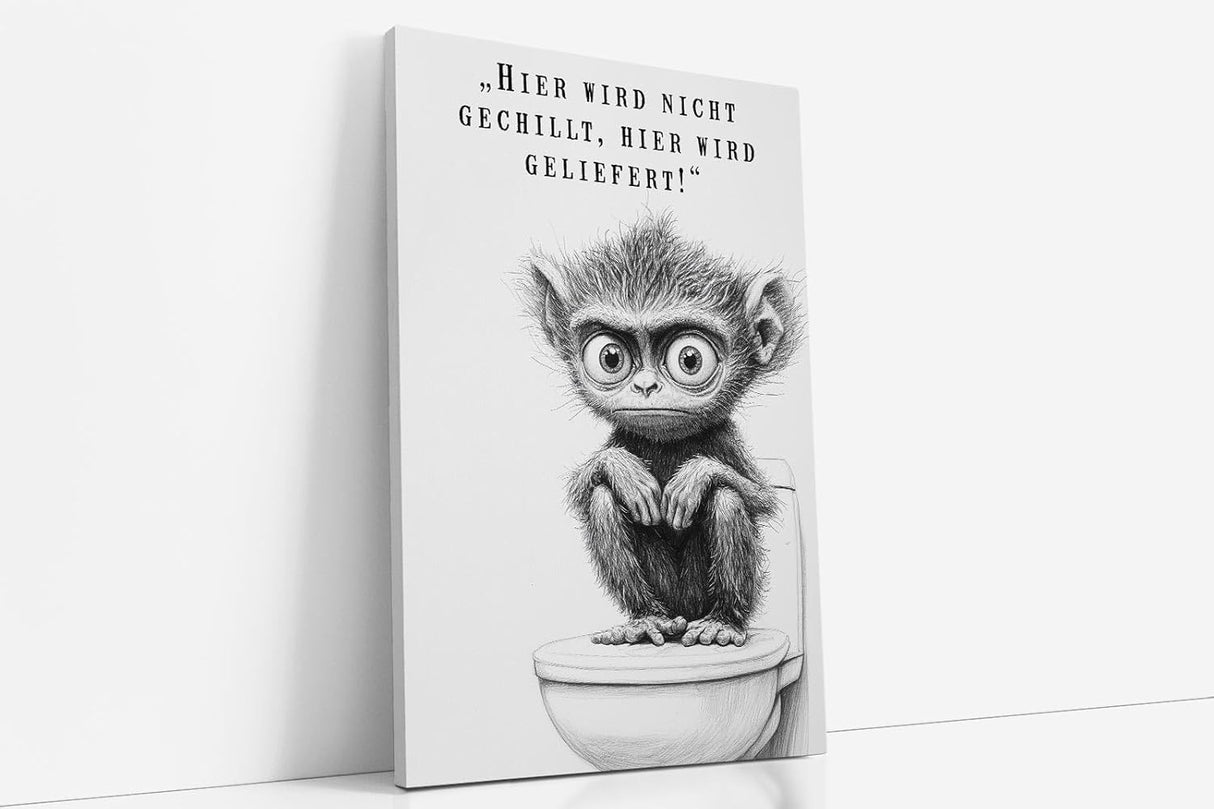 Paul Sinus Poster/Leinwandbild/Rahmenoption – Affe auf Toilette „Hier wird geliefert!“ – Lustige WC-Deko für dein Badezimmer