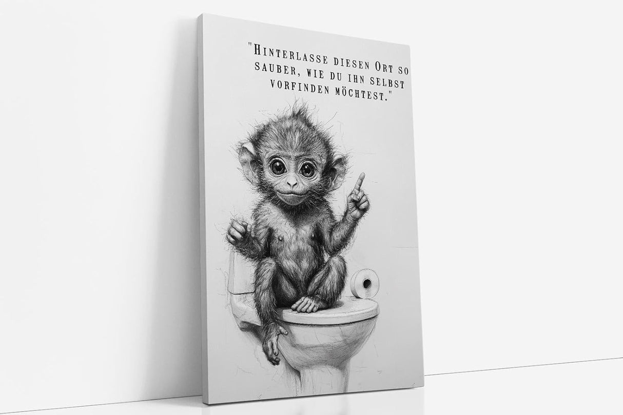 Paul Sinus Poster/Leinwandbild/Rahmenoption – Belehrender Affe „Hinterlasse diesen Ort sauber…“ – Lustige WC-Deko für dein Badezimmer