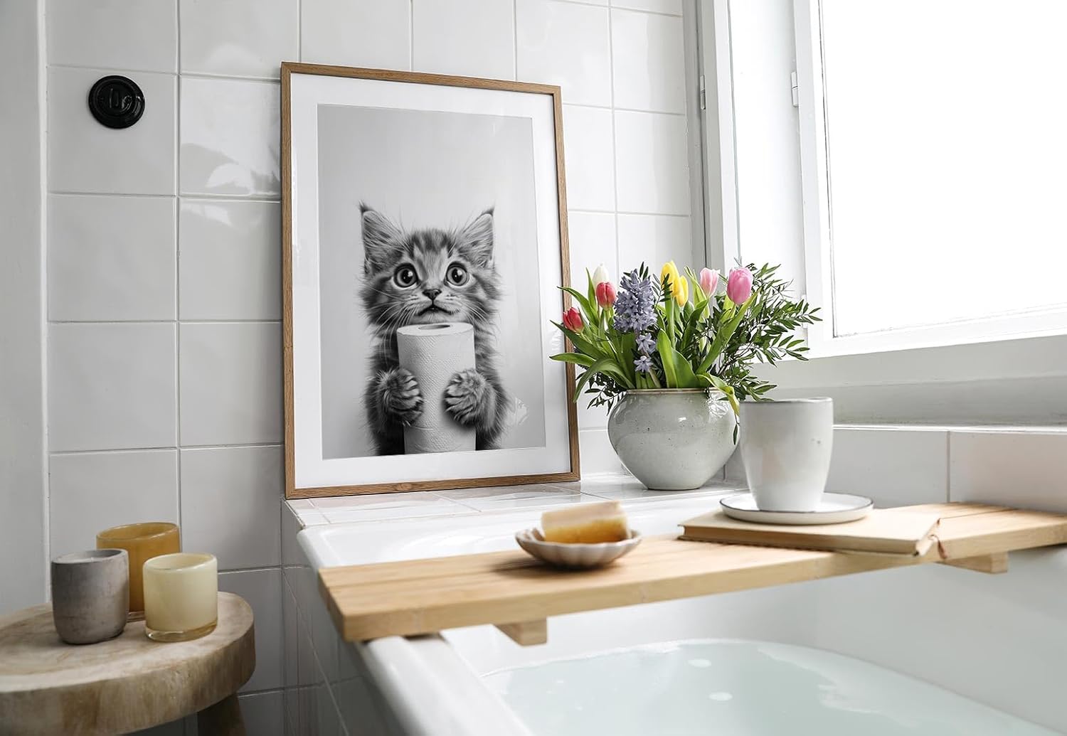 Paul Sinus Poster/Leinwandbild/Rahmenoption Lustiges Katzenbild – Niedliche Klo-Deko fürs Gäste-WC – Perfekt für Humorvolle
