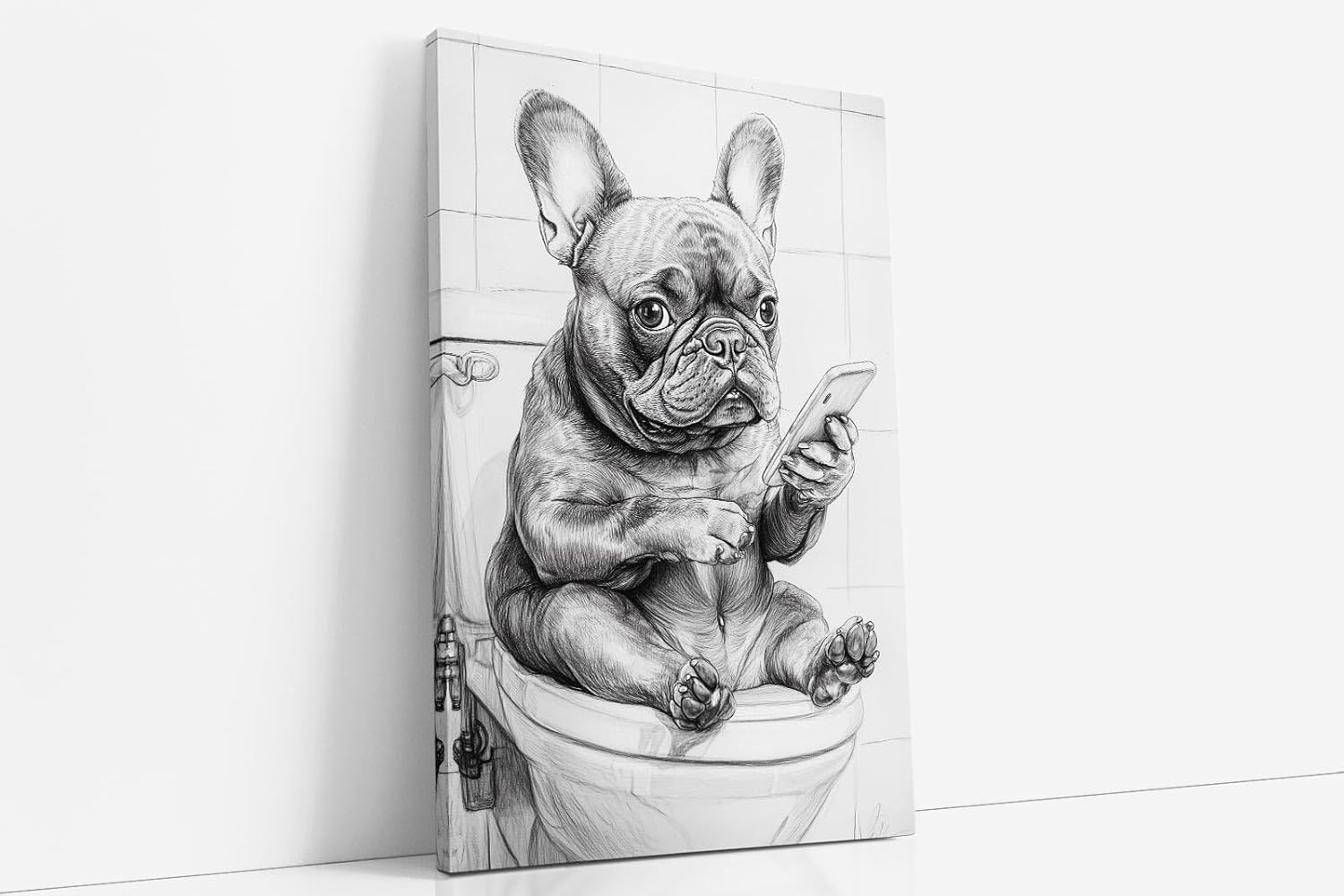 Paul Sinus Poster/Leinwandbild/Rahmenoption Lustiges Hundebild – Witzige Klo-Deko fürs Gäste-WC – Perfekt für Smartphone-Junkies