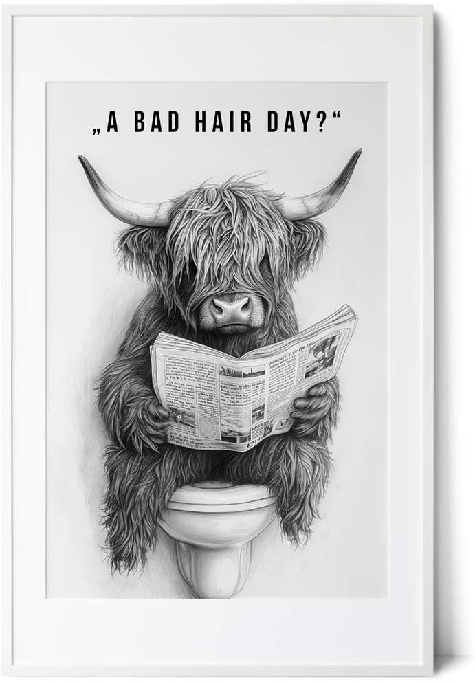 Paul Sinus Poster/Leinwandbild/Rahmenoption Lustiges Hochlandrind-Bild – Witzige Klo-Deko fürs Gäste-WC – Perfekt für Humorvolle