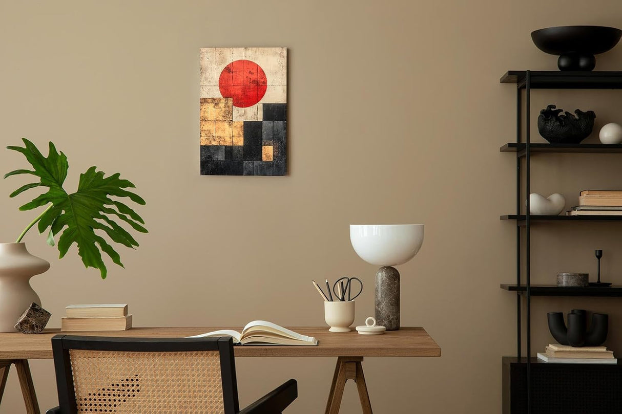 Paul Sinus 60x90cm Wandbild Kraftvolle Geometrie – Abstraktes Fokuskunstwerk mit roter Sonne und klaren Formen
