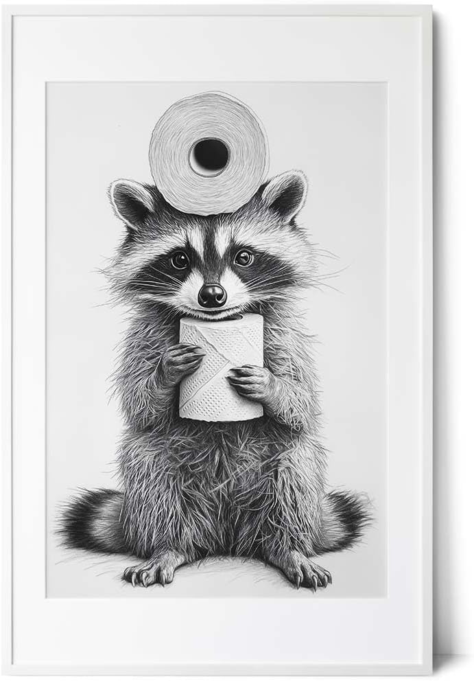 Paul Sinus Poster/Leinwandbild/Rahmenoption – Waschbär mit Klopapier – Lustige WC-Deko für dein Badezimmer