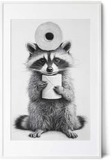 Paul Sinus Poster/Leinwandbild/Rahmenoption – Waschbär mit Klopapier – Lustige WC-Deko für dein Badezimmer