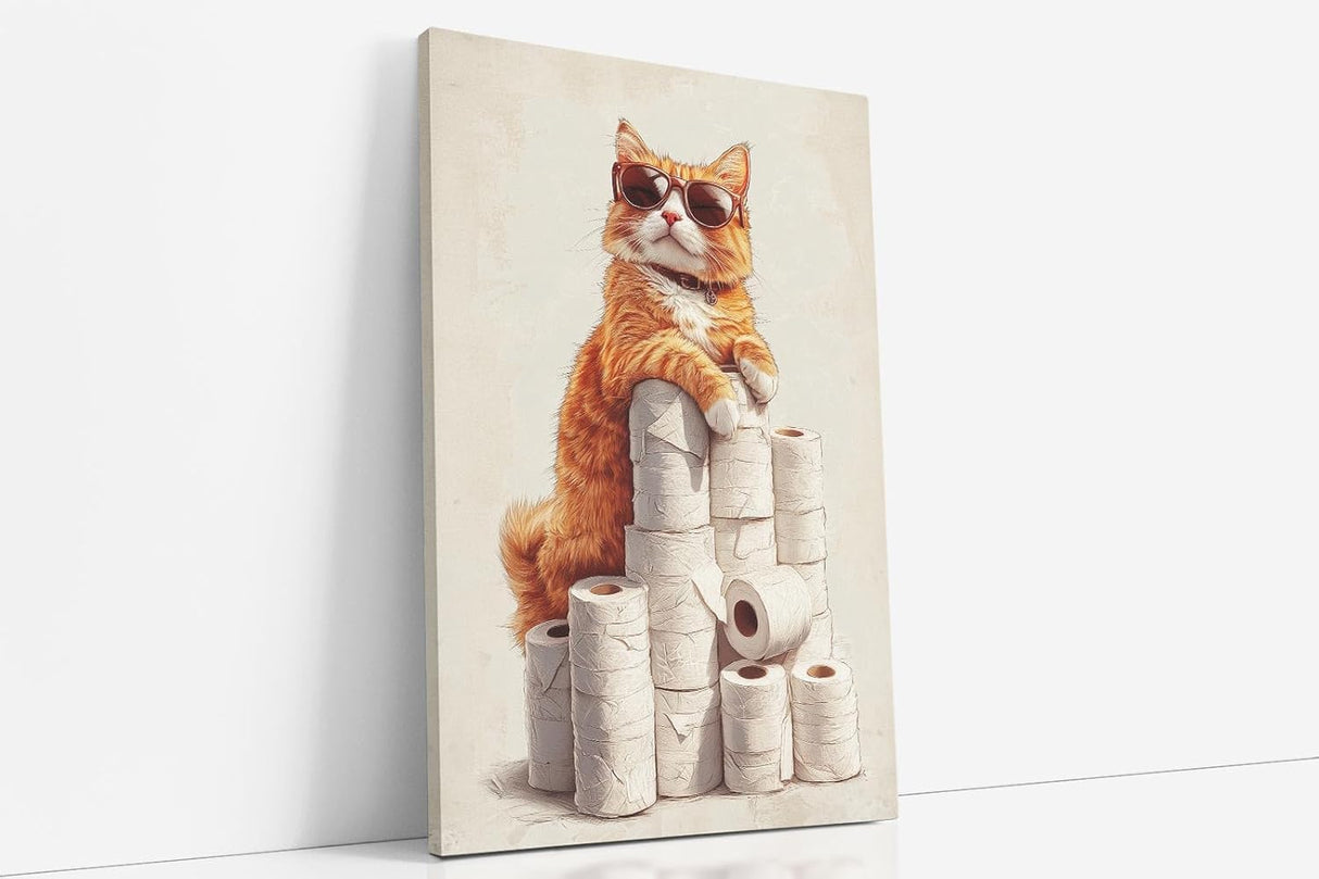 Paul Sinus Poster/Leinwandbild/Rahmenoption – Coole Katze auf dem Klopapier-Thron – Lustige WC-Deko für dein Badezimmer