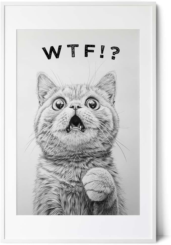 Paul Sinus Poster/Leinwandbild/Rahmenoption – Überraschtes Kätzchen „WTF!?“ – Lustige WC-Deko für dein Badezimmer